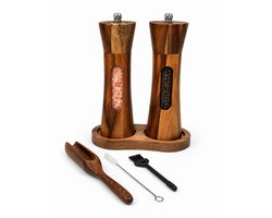 Peper en Zoutmolen Set - Acaciahout - Verstelbare Maalgraad - Inclusief Houder, Navullepel & Reinigingsborstel - Luxe Cadeauverpakking