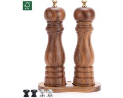 Peper en Zoutmolen Set Handmatig Acaciahout Lyon Bruin Hermanos® - Peper- & Zoutstel - 22 cm - Verwisselbare knoppen zwart, zilver en goud - Instelbare maalgraad - BBQ Accessoires - Verjaardag Cadeau