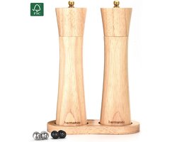 Peper en Zoutmolen Set Handmatig Blank Hout 22 cm Hermanos® - Peper- & Zoutstel - Verwisselbare knoppen zwart, zilver en goud - Instelbare maalgraad