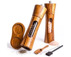 Peper en Zoutmolen Set van Acaciahout - Keramisch Maalwerk - met Lepel