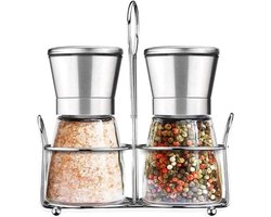 Peper‑ en zoutmolenset van roestvrij staal (RVS), hervulbaar, met instelbare maalgraad voor peper, zout en andere specerijen, ook geschikt als accessoire voor barbecue‑BBQ.