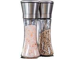 Pepermolen & Zoutmolen Set 2-delig — RVS & Glas, 18 cm Hoog — 5 Instelbare Maalgraden met Keramisch Maalwerk — Hervulbaar, Handmatig — Voor Peper, Grof Zout & Kruiden — Inclusief Trechter — Belgisch Merk Les Plaisirs du Chef