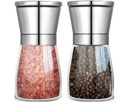 Pepermolen - Zoutmolen - Verstelbaar Keramisch Maalwerk & Luchtdichte Deksel - 2 Stuks - Voor Zout Peper Kruiden - Zilver