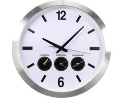 Perel Analoge wereldklok met 3 tijdzones, DCF automatische tijdsynchronisatie, grote goed leesbare wijzerplaat, wandklok met automatische zomer- en wintertijd, ideaal voor kantoor