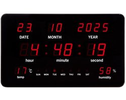 Perel Digitale LED wandklok zwart met grote rode LED-cijfers 37,5×25,5 cm, klok met kalender tijd datum temperatuur en hygrometer, thermometer voor kantoor of klaslokaal