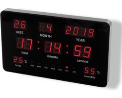 Perel Digitale wandklok, led-display, kalender, temperatuur, luchtvochtigheid, voor kantoor, werkplaats en klaslokaal, 37.5x25.5cm