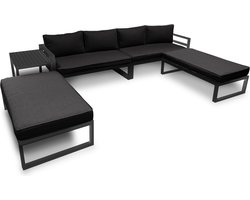 Perel Loungeset aluminium, 8-zits tuinset, lounge voor buiten, met bijzettafel, zitkussens, rugkussens, voor tuin, terras en balkon, weerbestendig aluminium frame, zwart