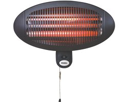 Perel Terrasverwarmer, 2000 W, quartz, wandmontage, met trekschakelaar, plensdicht, 3 warmteniveaus, metaal, zwart, incl. bevestigingsmateriaal