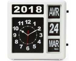 Perel Vierkante klok met flip-over kalender, ideaal voor slechtzienden en personen met Alzheimer of dementie, analoog, 31 x 31 cm, wit/zwart, Franse versie