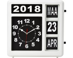 Perel Vierkante klok met flip-over kalender, ideaal voor slechtzienden en personen met Alzheimer of dementie, analoog, 31 x 31 cm, wit/zwart, Nederlandse versie