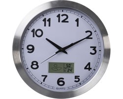 Perel Wandklok 35 cm analoog met LCD temperatuur en luchtvochtigheid, wijzerplaat, thermometer hygrometer en weerstation, zilverkleurig aluminium frame, woonkamer keuken kantoor wachtkamer