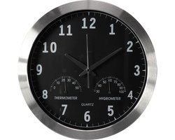 Perel Wandklok 35,5 cm analoog met DCF automatische tijdsynchronisatie, thermometer en hygrometer, goed leesbare wijzerplaat, zilverkleurig aluminium frame, woonkamer keuken kantoor wachtkamer