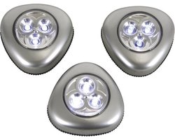Perel Zelfklevende ledlampen, set van 3 stuks, met eenvoudige aan/uit-drukknop, 3 alkalinebatterijen, 3 leds per lichtje, draadloos, flexibele plaatsing in kast, dressing, gang, grijs