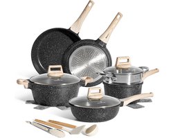 Perfecto Inductie Pannenset met Deksel - Non-Stick Pannen - Glazen Deksel - Anti-Aanbak Kookpannenset - Pannen Zonder PFOA - PFAS - Black - 14 delige kleine stoompan pannenset inductie koudgrepen