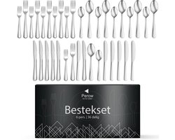 Perow 6 Persoons Bestekset – 36 Delig – 18/10 Edelstaal – Lepels, Messen, Vorken & Steakmessen – Vaatwasserbestendig – Zilver - Serviessets