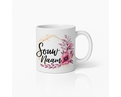 Persoonlijke Bloemen Naam Mok - Elegante Gepersonaliseerde Koffiekop Met Roze Bloemen - Perfect Cadeau Voor Geliefden