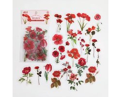 PET stickers rode bloemen met groene steeltjes transparant – 40 stuks – 20 varianten – waterdicht – zelfklevend – bloemen stickers – bullet journal, scrapbooking en kaarten maken