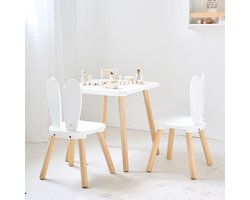 Petite Amélie Activiteiten tafel 'Konijn' 'Wit en Naturel' - Kindertafel met 2 kinderstoeltjes - Speeltafel met Konijnenoren - Veilig door Poten van Massief Hout - Een magische hoek voor kleine konijntjes