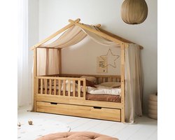 Petite Amélie Hemeltje Beige 'Maison' 90x200 cm - Gordijn Mousseline 100 % Biologisch Katoen - Perfecte Pasvorm voor 'Maison' Bedhuisje 90x200 - Stevige Bevestiging met Linten - Creëer een Knusse & Rustige plek
