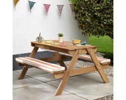 Petite Amélie Kinderpicknicktafel incl. 2 kussens - 2-in-1 - ingebouwde bakken voor zand en water - twee stevige houten deksels - weerbestendig - FSC-hout