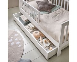 Petite Amélie Opberglade 'Plume' Wit 140x70cm – Bedlade op Wieltjes - Onderschuiflade – Extra Opbergruimte voor Beddengoed, Speelgoed en Knuffels – Stoere Uitstraling voor het 'Plume' Peuterbed