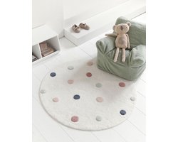 Petite Amélie Vloerkleed Kinderkamer Wit met Stippen - 100% Katoen - Kindertaptij Wasbaar - Perfect toevoeging aan Speelhoek - ⌀ 110 cm
