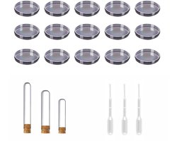 Petri Dishes - Pack of 15 - 90 mm - met 3 Transfer Pipettes en 3 Test Tubes - Plastic - Steriele Bacteriecultuur Bowl met Deksel - voor Laboratoriumcultuur - Schoollaboratorium