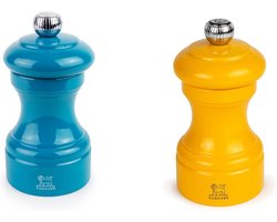 Peugeot Bistro Peper- en zoutmolenset, 10 cm - Essentieel keukengereedschap met verstelbare slijpprecisie, beukenhoutmolens - Verbeter smaken in het dagelijks koken (saffraan/blauw)
