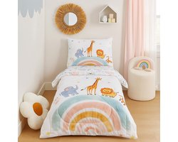 Peuter beddengoedset, 4-delige peuterdekbedset voor meisjes, jongens, kinderen, ultrazachte peuterbeddengoedset in een tas, inclusief dekbed, hoeslaken, laken, kussensloop, regenboogdier