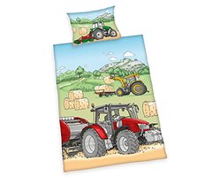 Peuter beddengoedset met tractordesign, 100% katoen, omkeerbaar met ritssluiting, geschikt voor gevoelige huid, 40x60 cm en 100x135 cm