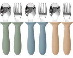Peuter Bestek Set - Veilig & Comfortabel Siliconen Handvat - Van Duurzaam 18/8 RVS - Eenvoudig Schoon te Maken - Ideaal voor Zelfstandig Leren Eten - 6-Delige Set