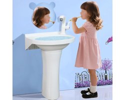 Peuter wastafel Plastic voetstuk wastafel kleine badkamer voetstuk kinderen wastafels set wassen training 15,7 "x11 "x21" H No-Boor Installatie Zelfklevend met Kraan Gat voor Toilet Kamer Kolom