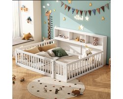 Peuterbed 140x200 – Kinderbed Vloerbed met veiligheidshekken & opbergkast – met deur – massief grenen – vanaf 0 jaar – wit – zonder matras