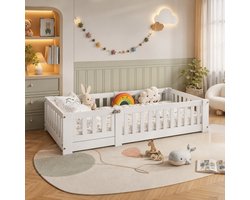Peuterbed 90x190cm – Vloerbed met veiligheidshekjes – Met deur – Massief grenenhout – Geschikt voor kinderen vanaf 0 jaar – Wit – Matras niet inbegrepen