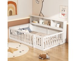 Peuterbed 90x200 – Kinderbed Vloerbed met veiligheidshekken & opbergkast – met deur – massief grenen – vanaf 0 jaar – wit – zonder matras