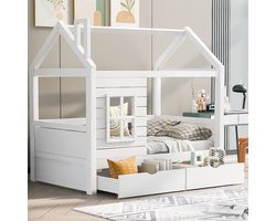 Peuterbed huisbed 80x160 cm met raam - Wit - Valbeveiliging rondom - 2 opberglades op wielen - Massief grenen