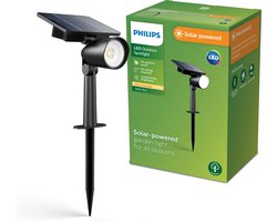 Philips Ashlyn sokkellamp met spies - Solar buitenlamp - Warm wit licht 2700K - Zwart - Schemersensor - Zonne-energie