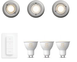 Philips Hue Peridot Set van 3 Inbouwspots (Nikkel) - Rond - Richtbaar - GU10 - Warm tot Koelwit Licht - Incl. Hue Dimmer Switch - Hue White Ambiance