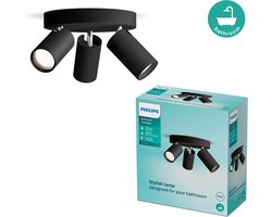 Philips Idris Spot - Plafondspot - Spatwaterdicht IP44 - Zwart - 5W - Badkamerlamp - Drie lichtpunten - Ronde basisplaat - Alleen geschikt voor LED spots
