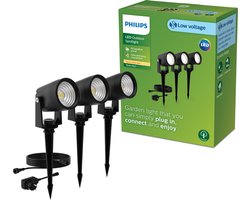 Philips Reuel GardenLink - 3-pack - Sokkellamp met spies - 24V - Warm wit licht; 2700K - Zwart - Tuinpadverlichting