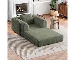 PHOEBE CAT 2-in-1 Slaapbank - Fauteuil - Chenille stof - Metalen frame - Met kussens - Groen