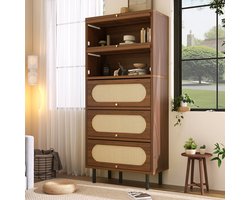 PHOEBE CAT Boekenkast - Vitrinekast - Halmeubel - Rieten deuren - Metalen poten - 80 x 40 x 163 cm - Walnoot