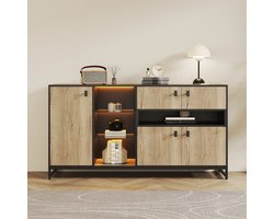 PHOEBE CAT Dressoir - Halmeubel - LED-verlichting - Glazen planken - Met lades - Zwart + Natuurlijke