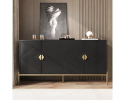 PHOEBE CAT Dressoir - Vierdeurs halmeubel - Gouden handgrepen - Metalen poten - 162 x 40 x 80 cm - Zwart