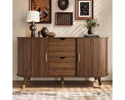 PHOEBE CAT Dressoir - Walnoot afwerking - Schuifdeuren - 2 lades - Massief houten poten - Afgeronde hoeken - Bruin