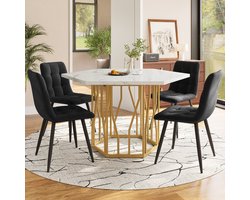 PHOEBE CAT Eettafel en stoelen set - Zeshoekige eettafel - Marmerlook - 4 velvet stoel - Wit + Zwart + Gouden