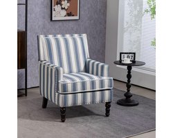 PHOEBE CAT Fauteuil - Gestoffeerde loungestoel - Vintage streep - Linnen stof - Blauw + Wit