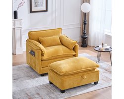 PHOEBE CAT Fauteuil - met Hocker - Velvet - met Kussen - Leesstoel - Opbergfunctie - Geel