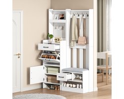 PHOEBE CAT Halmeubel - 110 x 35 x 175.5 cm - Met beklede schoenenbank - 7 haken - 2 lades - Wit