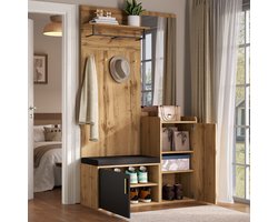 PHOEBE CAT Halmeubel - Kapstok - met spiegel - Schoenenkast - 4 haken - Natuurlijke + Zwart